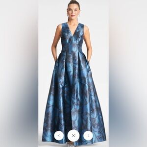 Sachin + Babi Blue Floral V-Neck Pleated Maxi Gown